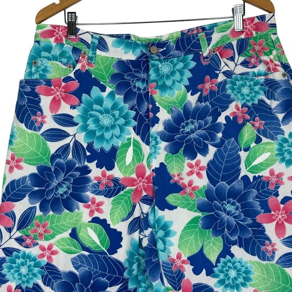 Bill Blass Women's Bold Floral Capri Pants Sz 16 Hi Rise Blue Pink Green Cotton - Picture 2 of 12